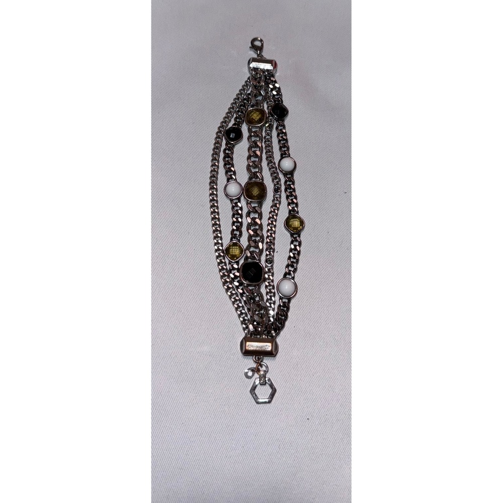 Juicy Couture Multi Strand Chain Bracelet Silver Tone Amber White Black Stones